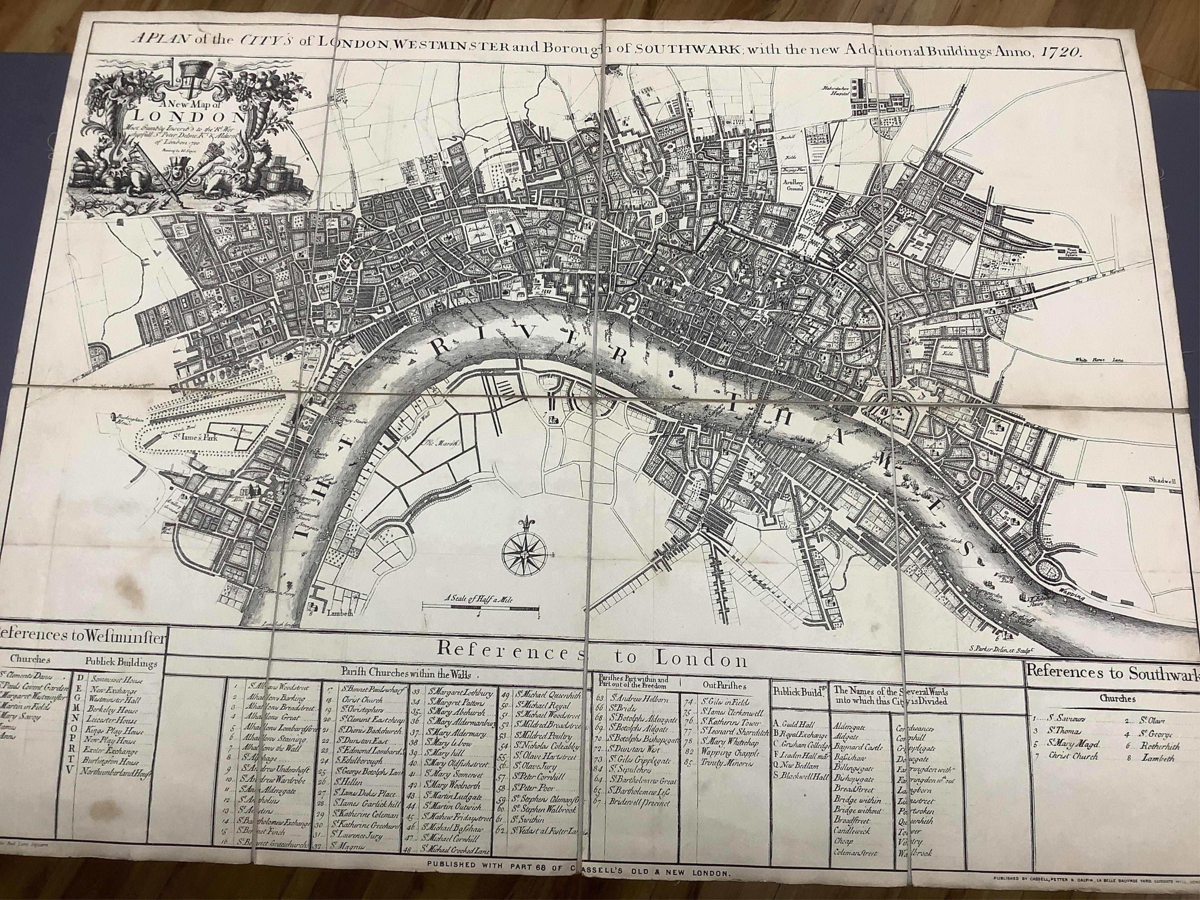 Three maps comprising: After John Senex, A New Map of London, 1720, published by Cassell, Petter & Galpin, linen backed folding map, with slipcase, London in the Reign of Queen Elizabeth, published by Cassell, linen back